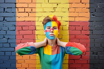 young woman with face and clothes painted following the pattern of the wall behind her, background, modern, horizontal,