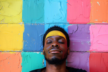 African man with painted face poses on a colorful, horizontal wall,