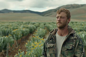 young farmer beside his fields checking the harvest, horizon, horizontal,