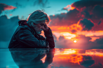 backlight of older man with a sunset reflecting on a bright surface, horizontal, depressed, stress, trouble, pensive,