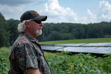 farmer checking his plantation with a large expanse of solar panels in the background, ecosystem, climate change, ecology, clean energy, horizontal,