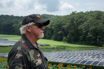 rural farm with a large extension of solar panels, farmer checks the plantation and in the background are the solar panels.