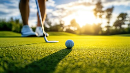 Close-up of a golfer putting the ball, with the warm hues of the setting sun reflecting on the perfectly groomed green.