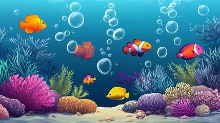 Naklejka premium Colorful fish swim among coral reefs and bubbles in a blue ocean.
