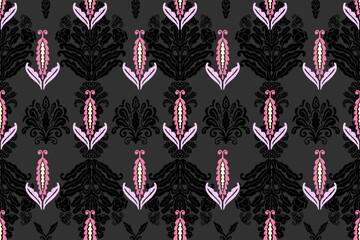 Ikat floral vintage design embroidary seamless pattern on background vector illustration.Ikat ethnic oriental embroidery traditional.Indian Ikat pattern Aztec style retro. design for texture,fabric.