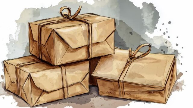 Three packages wrapped in brown paper are stacked together on a surface