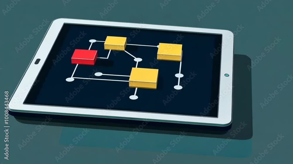 Aufkleber a tablet displays a network diagram with one red box and multiple yellow boxes