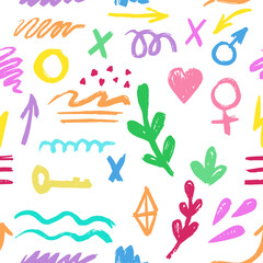 Hand-drawn pencil color brush seamless pattern, brush with crayon effect, chalk texture. Vector illustration in children's style. Crayon brush colored scribble, square, spiral, arrow.