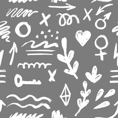 Hand-drawn pencil  brush seamless pattern, brush with crayon effect, chalk texture. Vector illustration in children's style. Crayon brush colored scribble, square, spiral, arrow.