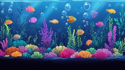 Colorful fish swim in a vibrant coral reef with seaweed and bubbles in a blue ocean.