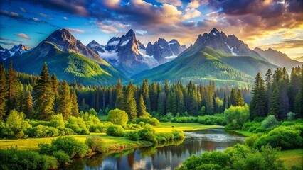 Serene River Winding Through a Lush Valley at the Foot of Majestic Mountains with a Breathtaking Sunset Sky