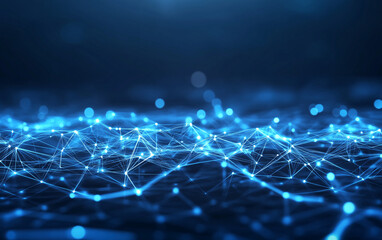 Blue digital network connections with glowing dots in an abstract design representing technology and data flow