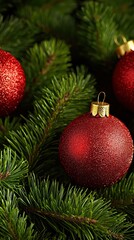 Fototapeta premium Close up of red christmas ornaments on green pine branches festive background