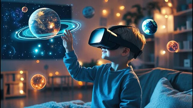 A child in a living room exploring a virtual reality educational program, learning about space with planets and stars displayed in glowing neon around him