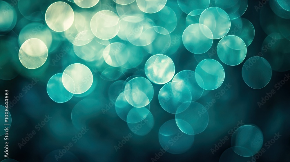 Poster cool blue-green bokeh circles, macro shot with soft edges and light-to-dark transitions, ideal for u