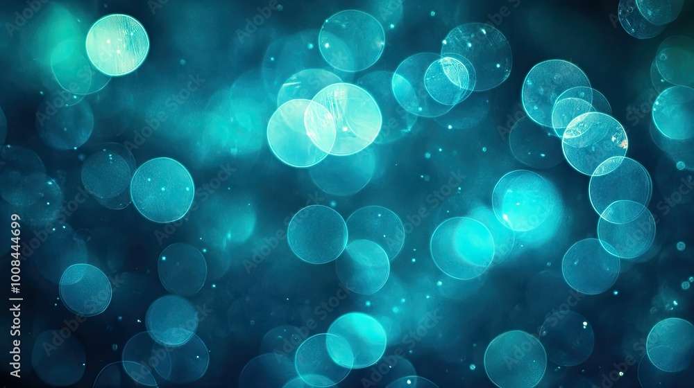 Poster cool blue-green bokeh circles, macro shot with soft edges and light-to-dark transitions, ideal for u