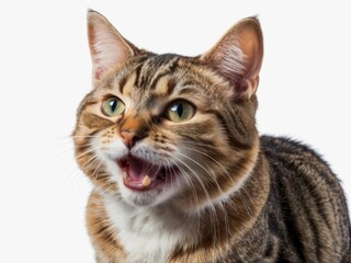 A meowing surprised cat isolated on a transparent background in png format, with a funny and...