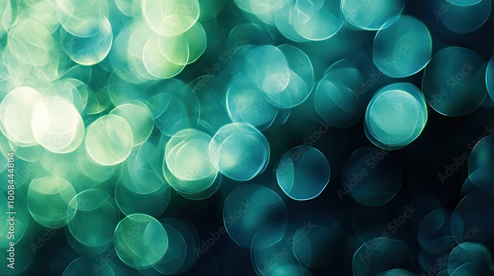 Poster cool blue-green bokeh, overlapping circular shapes with soft edges, created using macro photography,