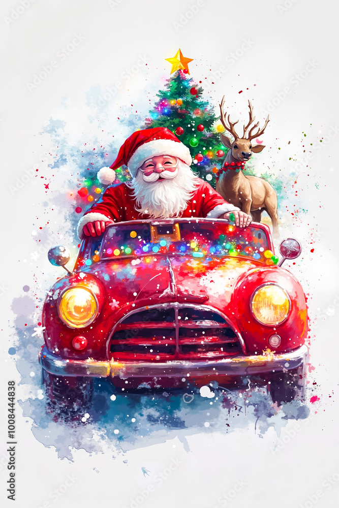 Sticker A painting of santa claus driving a red car with a reindeer and a Christmas tree