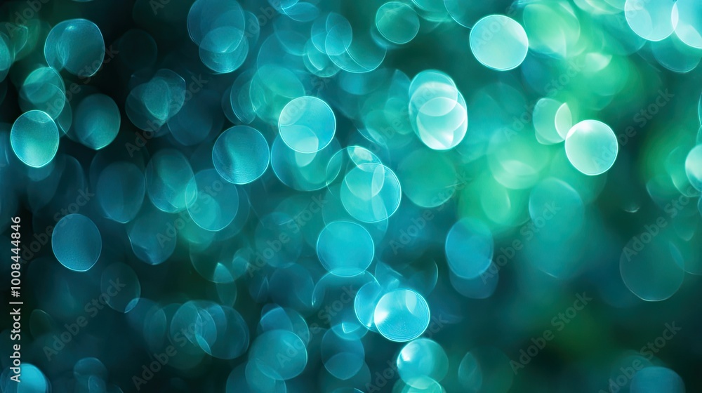 Poster cool blue-green bokeh, overlapping circular shapes with soft edges, created using macro photography,