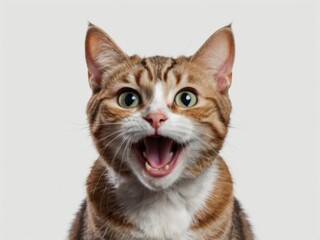 Fototapeta premium A meowing surprised cat isolated on a transparent background in png format, with a funny and excited expression on his face