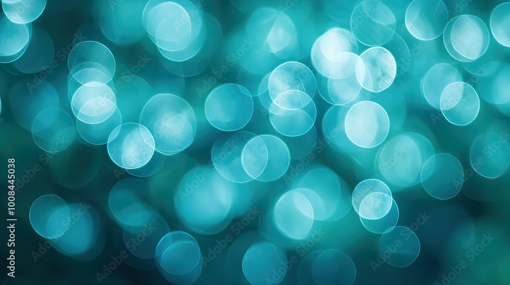 Poster cool-toned blue-green background with bokeh circles softly merging, macro photography creates soft e