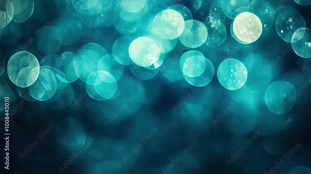 Poster cool-toned blue-green background with bokeh circles softly merging, macro photography creates soft e