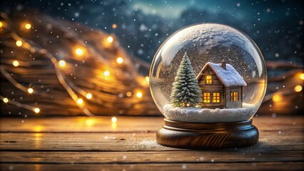 A miniature house nestled within a snow globe, illuminated by soft lights, evoking a cozy and enchanting winter wonderland.