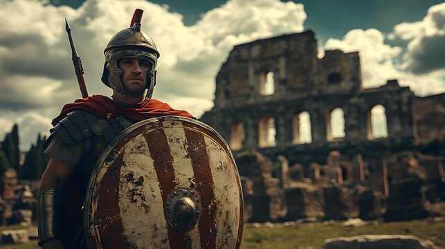 21. Roman soldier in formation holding a shield and pilum in front of ancient ruins