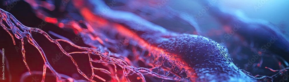 Poster abstract representation of vibrant neural pathways illuminated by red and blue light, evoking a sens