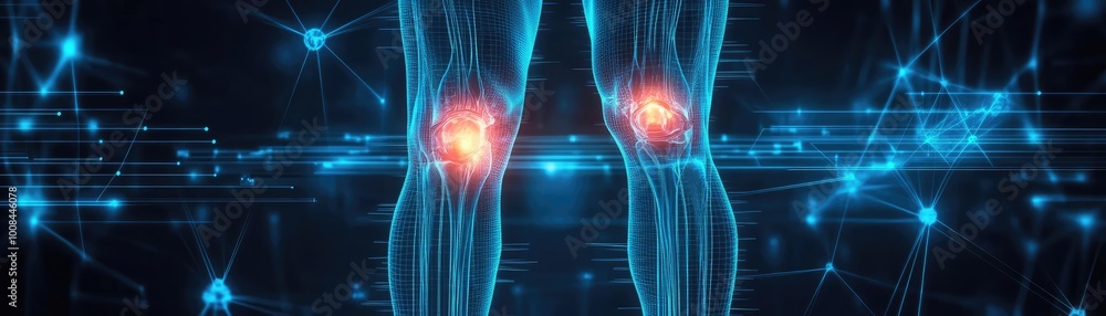 Poster a digital representation of human knees with highlighted joints, showcasing the complexity of human 