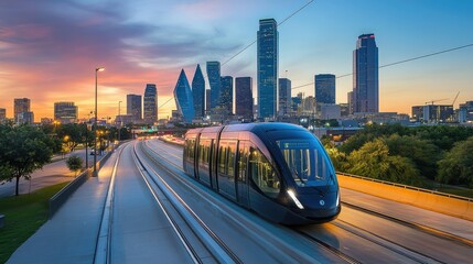 Naklejka premium Dallas tram on an elevated highway, passing in front of the towering downtown skyline, as the city transitions into dusk with the buildings illuminated by sunset.
