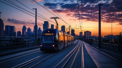Dallas tram on an elevated highway, passing in front of the towering downtown skyline, as the city transitions into dusk with the buildings illuminated by sunset.