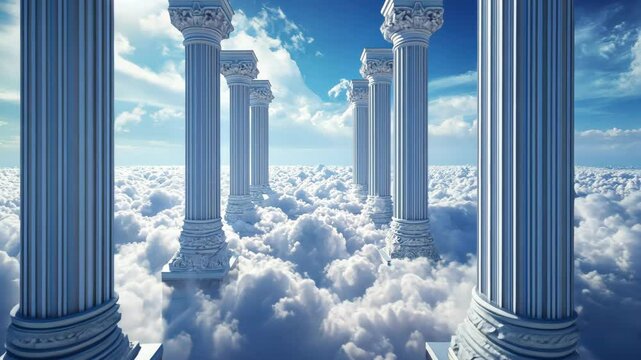 A row of white pillars stand tall amidst a sea of clouds, creating an ethereal pathway through the sky