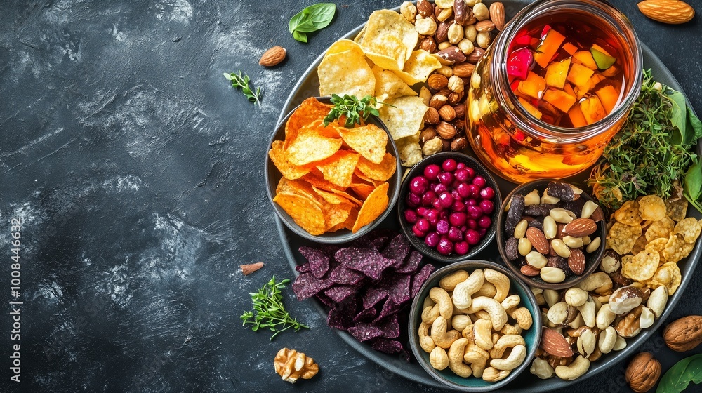 Poster a vibrant assortment of snacks and nuts displayed on a dark table with a refreshing beverage in a ja