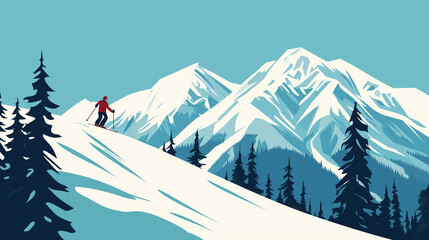 skier on a ski slope, skiing on ski resort, minimalist flat illustration, vector art poster, ski poster, Ultra-high resolution