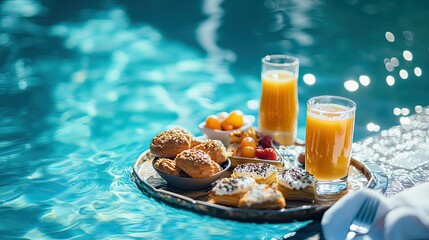 Luxury breakfast set floating on a tray in a resort swimming pool, featuring fresh juice, pastries, and fruit, creating a tranquil and indulgent experience