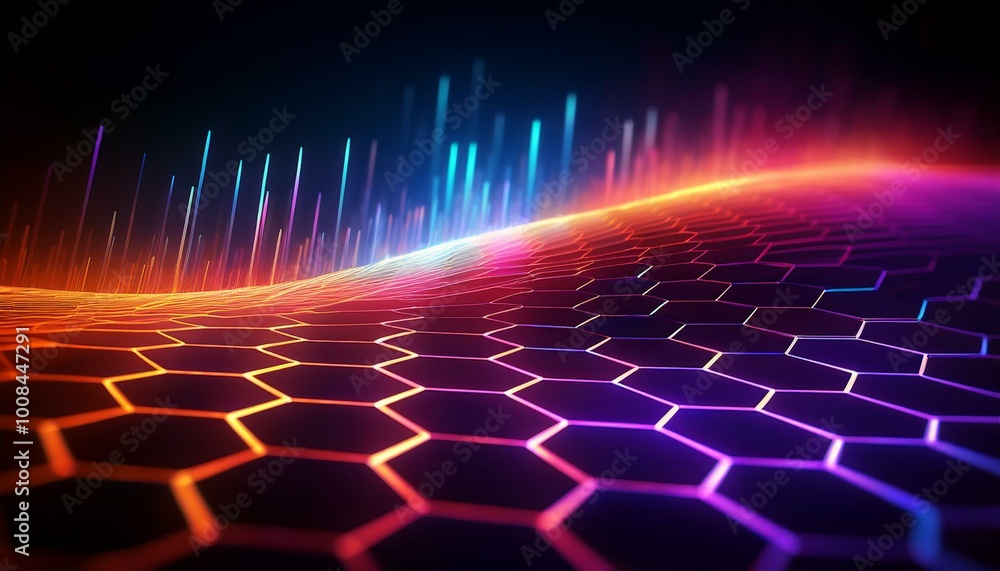 Poster Cyber big data flow. Blockchain data fields. Network line connects to stream.  Concept of AI technology, digital communication, science research, 3D neural cells