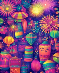 Fototapeta premium Colorful lanterns, fireworks, and flowers against a dark purple background.