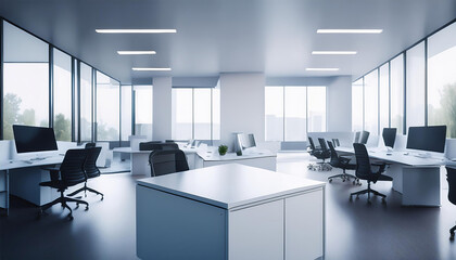 Modern office interior with minimalist design and soft lighting, featuring desks and chairs