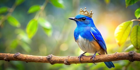 Obraz premium A Regal Blue Bird Perched on a Branch, Wearing a Golden Crown, with a Soft Blurred Green and Yellow Background