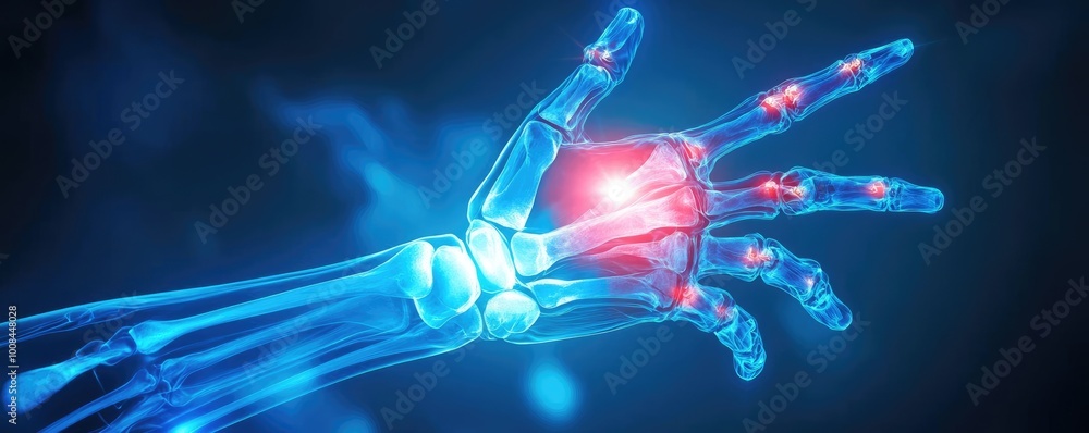 Poster A futuristic robotic hand with glowing circuits and a bright red core, symbolizing advanced technology and innovation.