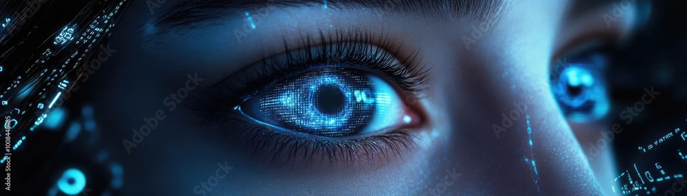 Poster Close-up of a futuristic eye glowing with digital patterns, symbolizing technology and innovation in the digital age.