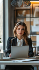 Confident Businesswoman Working in Sunlit Minimalist Office  