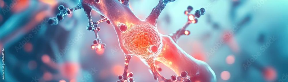 Poster A vibrant depiction of a neuron cell highlighting its complex structure and connections in a futuristic style.