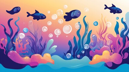 Colorful underwater scene with fish swimming among seaweed and coral.