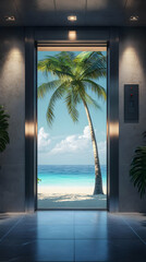 3D Illustration: Open Elevator to Tropical Beach Paradise