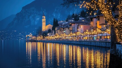 Nighttime view of Riva del Garda, the town center aglow with sparkling Christmas lights, reflecting on the lake and creating a serene holiday scene.
