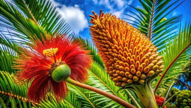 Exquisite Nikau palm flowers and seed heads highlight the intricate beauty of tropical nature, showcasing a stunning display of vibrant colors and delicate design elements.