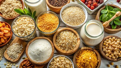 Fototapeta premium flakes, milk, flour, and whole grains, arranged beautifully, showcasing nutritious possibilities for delicious meals and snacks.